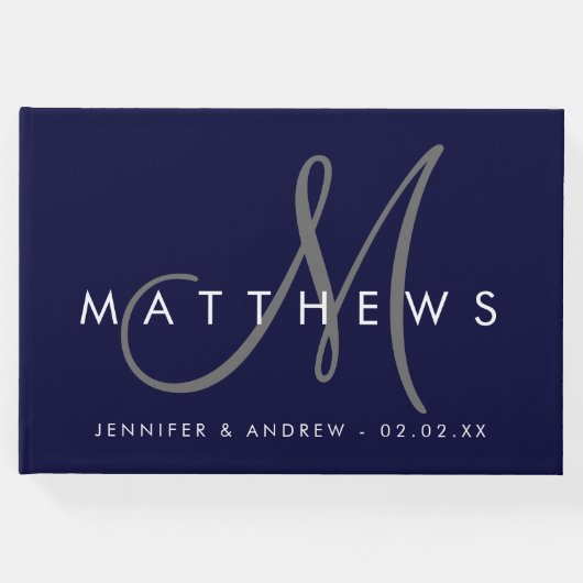 Minimalistisch Navy Blue Modern Gray Monogram Wedd Gästebuch (Vorderseite)