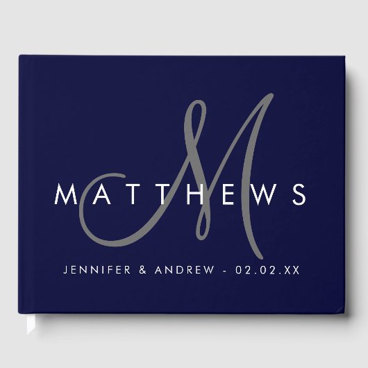 Minimalistisch Navy Blue Modern Gray Monogram Wedd Gästebuch (Vorderseite)