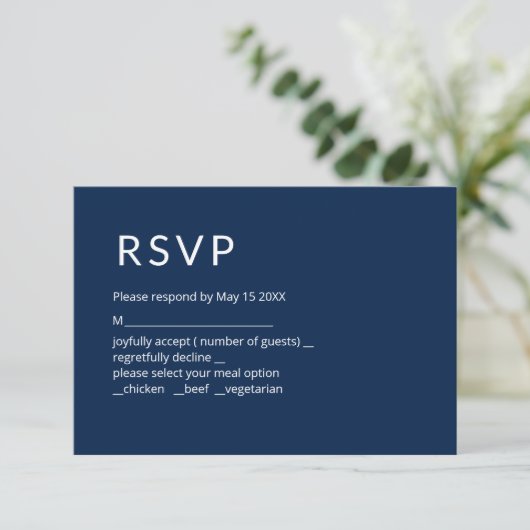 Minimalistisch Navy Blue RSVP Card (Stehend Vorderseite)