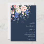 Minimalistisch Navy BlueBoho Wildblume Blumenhochz Einladung (Vorderseite)
