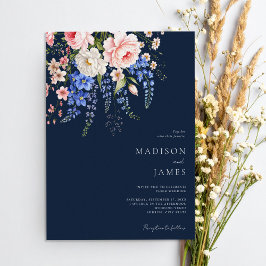 Minimalistisch Navy BlueBoho Wildblume Blumenhochz Einladung