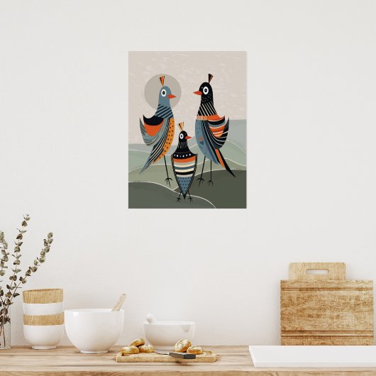 Minimalistisch neutrale Boho farbenfrohe Vögel Poster (Küche)