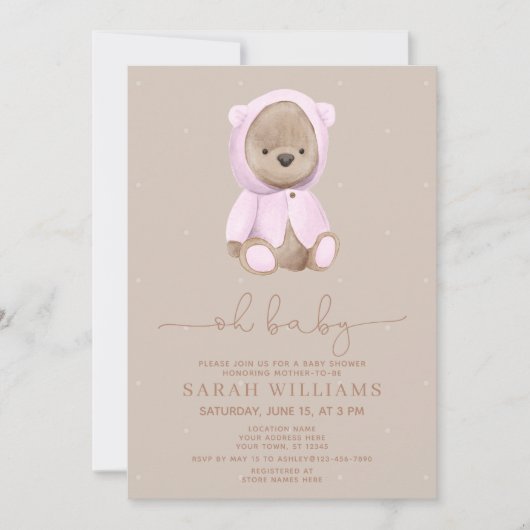 Minimalistisch Oh Baby Pink Bear Baby Dusche Einladung (Vorderseite)