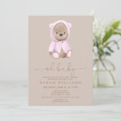 Minimalistisch Oh Baby Pink Bear Baby Dusche Einladung (Stehend Vorderseite)