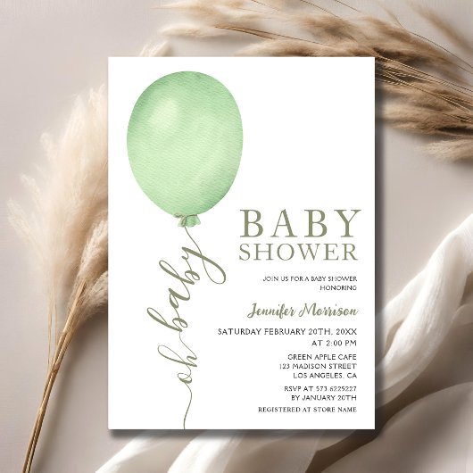 Minimalistisch Oh Baby Sage Green Balloon Babydusc Einladung