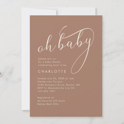 Minimalistisch Oh Baby Script Mocha Babydusche Einladung (Vorderseite)