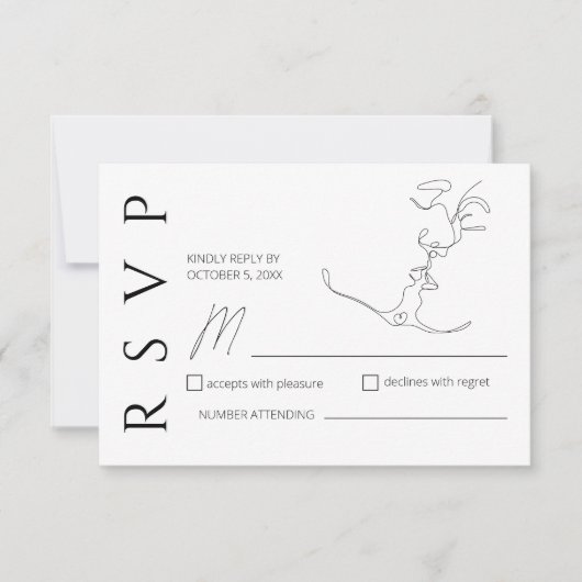 Minimalistisch One Line Art Kissing Couple Wedding RSVP Karte (Vorderseite)