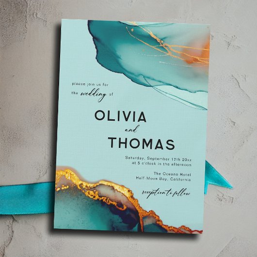 Minimalistisch Orange Aquamarin Modern Script Hoch Einladung