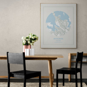 Minimalistisch Pastel Blue Map Art Reykjavik Islan Poster