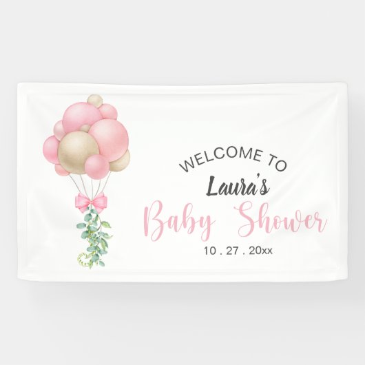 Minimalistisch Pink Balloons Girl Baby Dusche Banner (Horizontal)