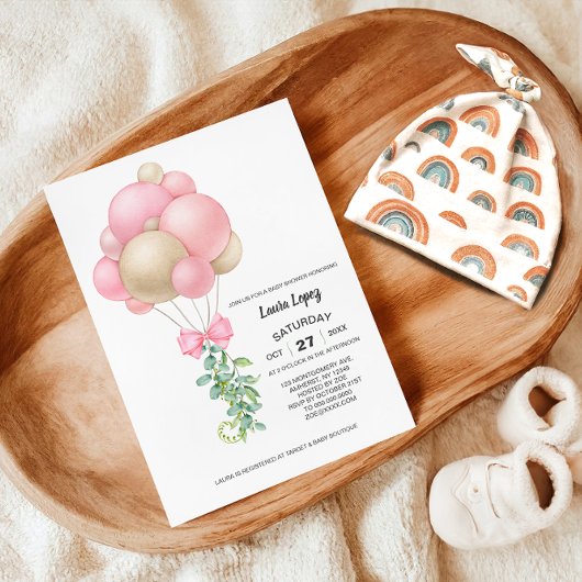 Minimalistisch Pink Balloons Girl Baby Dusche Einladung