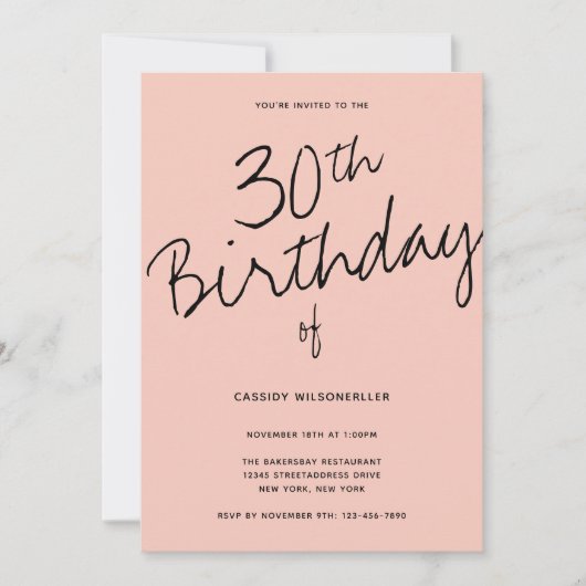 Minimalistisch Pink Black 30. Geburtstag Einladung (Vorderseite)