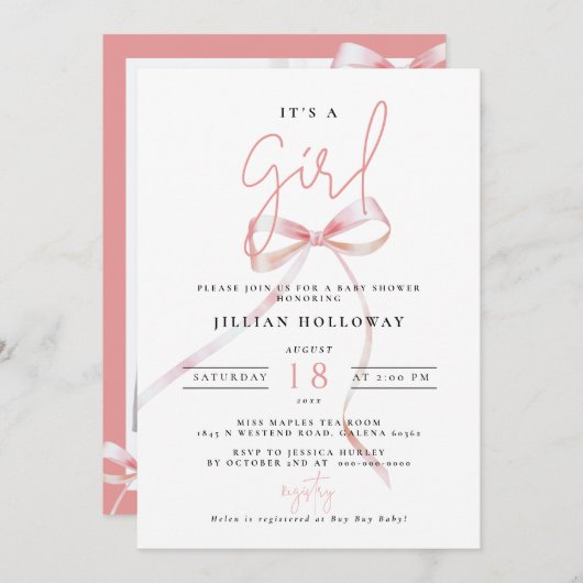 Minimalistisch Pink BOW Es ist ein Mädchen-Dusche Einladung (Vorne/Hinten)