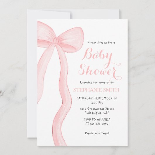 Minimalistisch Pink Coquette Bow Girl Babydusche Einladung (Vorderseite)
