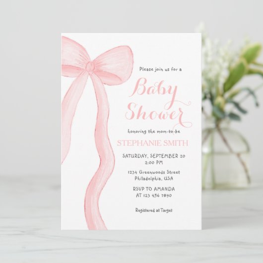 Minimalistisch Pink Coquette Bow Girl Babydusche Einladung (Stehend Vorderseite)