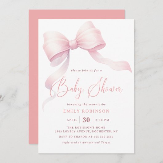 Minimalistisch Pink Coquette Bow Girl Babydusche Einladung (Vorne/Hinten)
