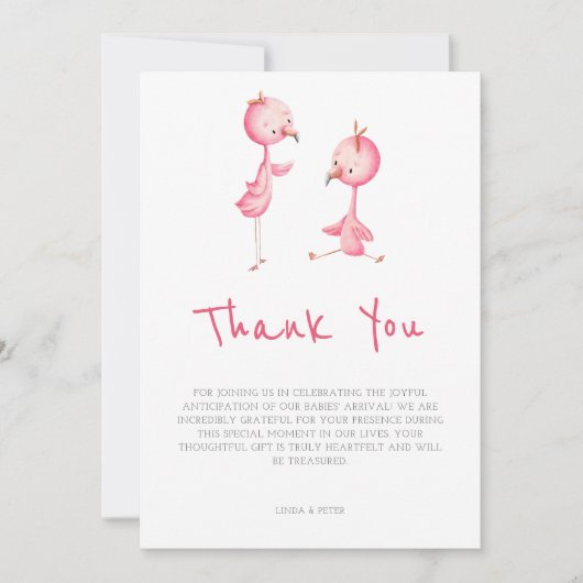 Minimalistisch Pink Flamingo Twins Baby Dusche Dankeskarte (Vorderseite)