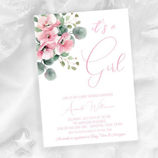 Minimalistisch Pink Floral Watercolor Girl Babydus Einladung