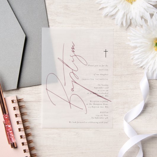 Minimalistisch Pink Girl Script Taufe Christening Pergament Einladungen (Hochzeit)