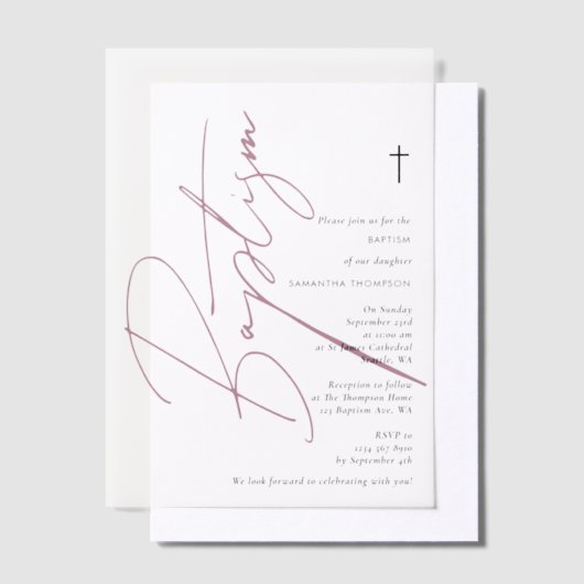 Minimalistisch Pink Girl Script Taufe Christening Pergament Einladungen (Versetzt)