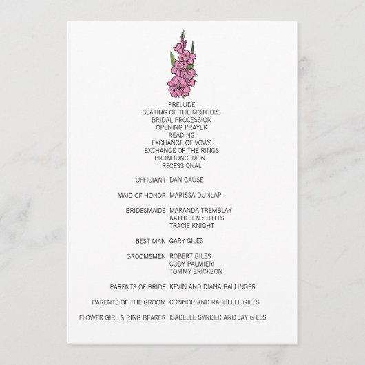 Minimalistisch-Pink-Gladiolus-Hochzeitsprogramm Programm (Vorderseite)