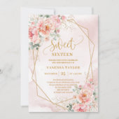 Minimalistisch Pink Gold Peonies Sweet 16 Einladun Einladung (Vorderseite)
