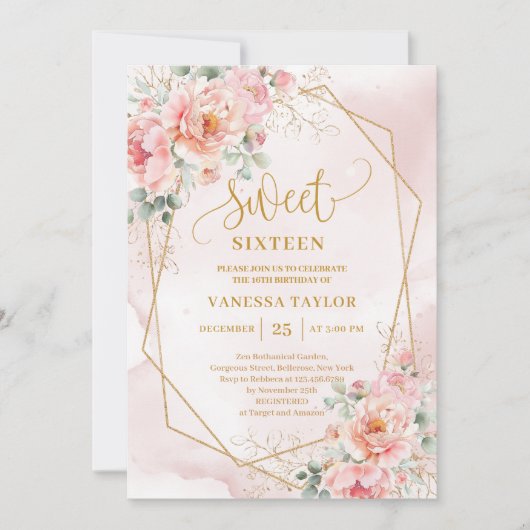 Minimalistisch Pink Gold Peonies Sweet 16 Einladun Einladung (Vorderseite)