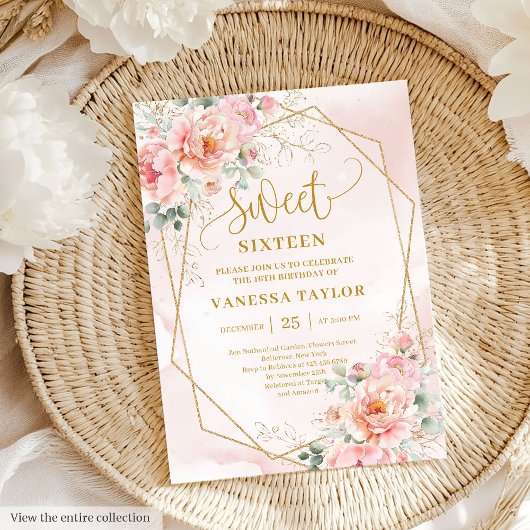 Minimalistisch Pink Gold Peonies Sweet 16 Einladun Einladung