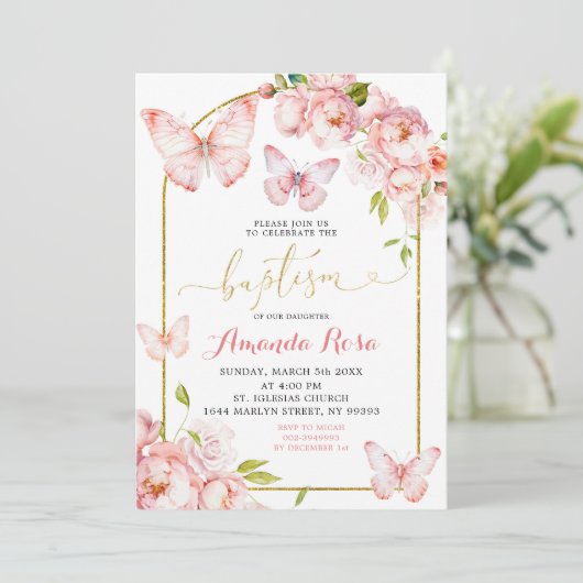 Minimalistisch Pink Peony Floral Butterfly Taufe Einladung (Stehend Vorderseite)