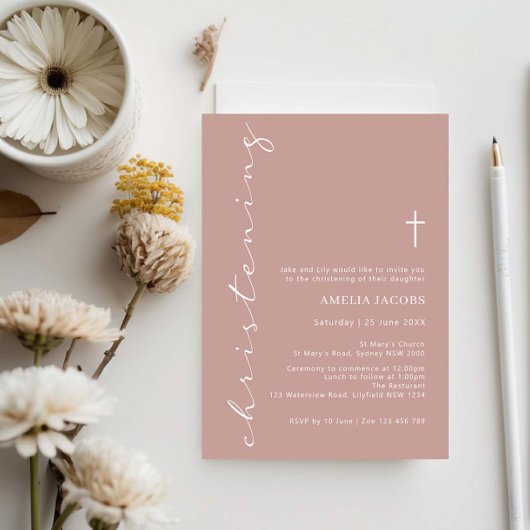 Minimalistisch Pink Script Christening Typografie Einladung