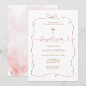 Minimalistisch Pink Whimsical HandDrawn Girl Taufe Einladung (Vorne/Hinten)