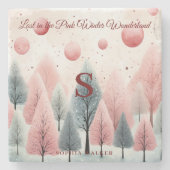 Minimalistisch-Pink-Winterwald-Wunderland-Monogram Steinuntersetzer (Vorderseite)