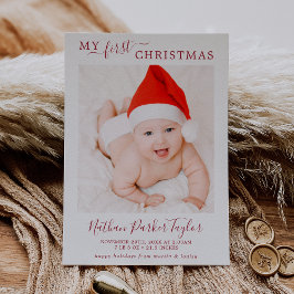Minimalistisch Red First Christmas Baby Birth Foto Feiertagskarte