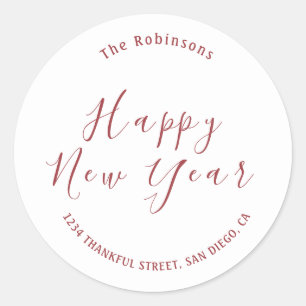 Minimalistisch Red Happy New Year Address Runder Aufkleber