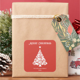 Minimalistisch Red Merry Weihnachtsbaum Weihnachts Quadratischer Aufkleber