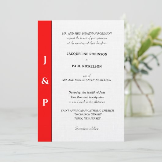 Minimalistisch Red White Monogram Einladung (Stehend Vorderseite)