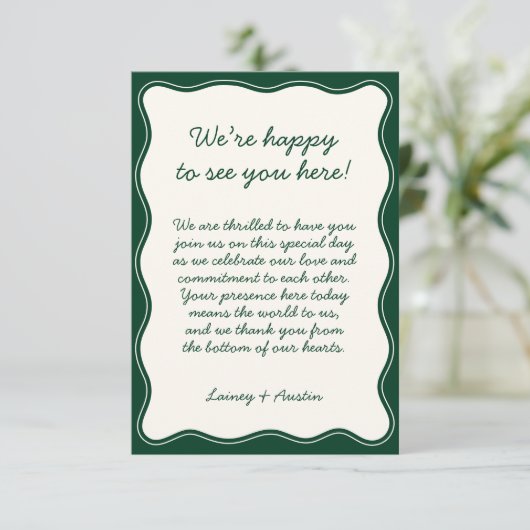 Minimalistisch Retro Emerald Green Wedding Willkom Dankeskarte (Stehend Vorderseite)