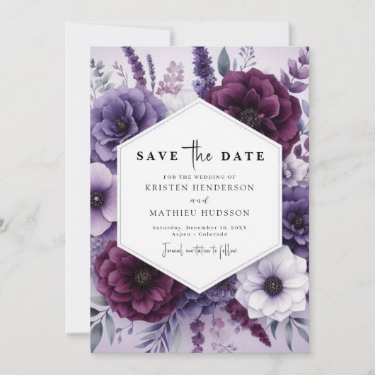 Minimalistisch romanische Lila Blumenhochzeit Save The Date (Vorderseite)
