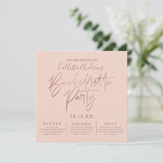 Minimalistisch Rosa-Rose-Gold-Typografie Bachelore Einladung (Stehend Vorderseite)