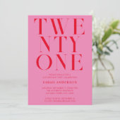 Minimalistisch Rosa Rot, 21. Geburtstag Einladung (Stehend Vorderseite)
