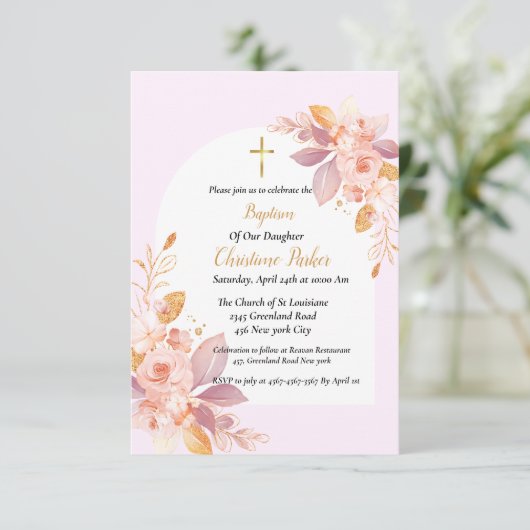 Minimalistisch-rosa Wasserfarbenspritzer-Taufe Einladung (Stehend Vorderseite)