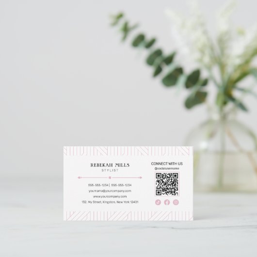 Minimalistisch rosa, weißes Muster - QR-Code Visitenkarte (Stehend Vorderseite)
