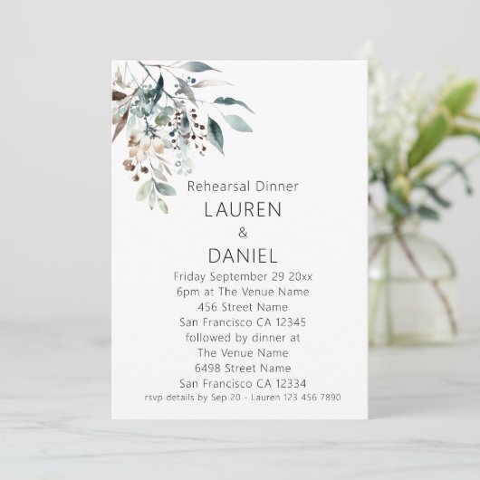 Minimalistisch Sage-Blätter Hochzeitsessen Probe Einladung (Stehend Vorderseite)