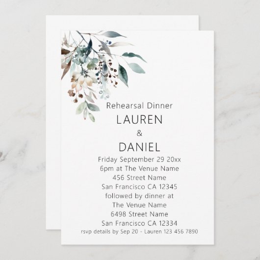 Minimalistisch Sage-Blätter Hochzeitsessen Probe Einladung (Vorne/Hinten)