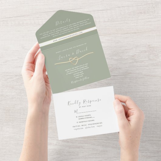 Minimalistisch Sage Green and Gold Wedding All In One Einladung (Abreißen)