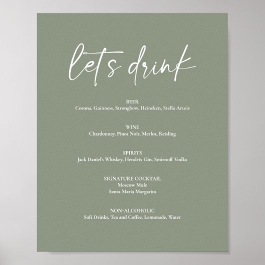 Minimalistisch Sage Green Boho Wedding Drink Bar M Poster (Vorne)