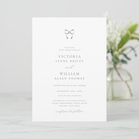 Minimalistisch Sage Green Bow Wedding Einladung (Stehend Vorderseite)