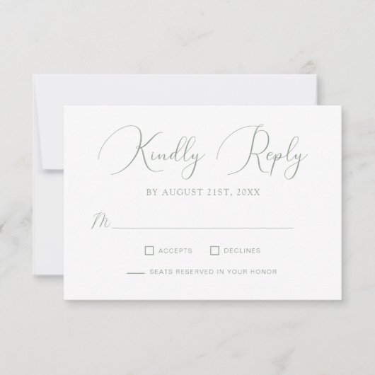 Minimalistisch Sage Green Calligraphy Script Weddi RSVP Karte (Vorderseite)