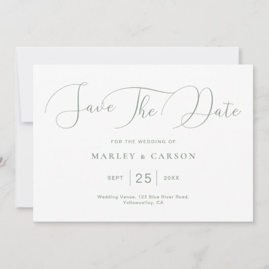 Minimalistisch Sage Green Calligraphy Script Weddi Save The Date (Vorderseite)