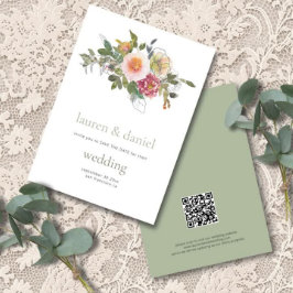 Minimalistisch Sage Green Floral QR Hochzeit Save The Date